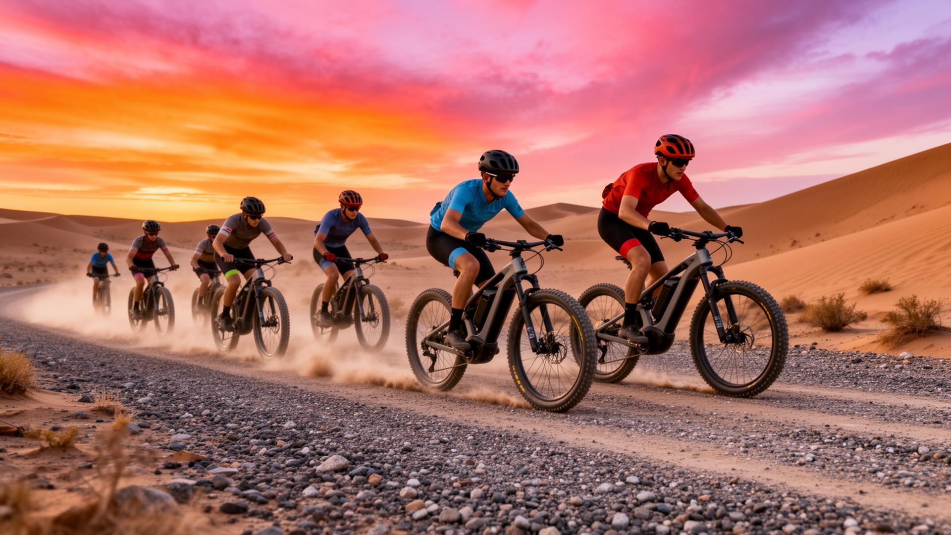 E-bike group ride in desert dunes at sunset